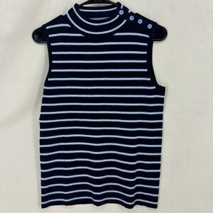 Talbots Women’s Medium Navy Blue Sky Stripes Sleeveless Mock Turtleneck Top
